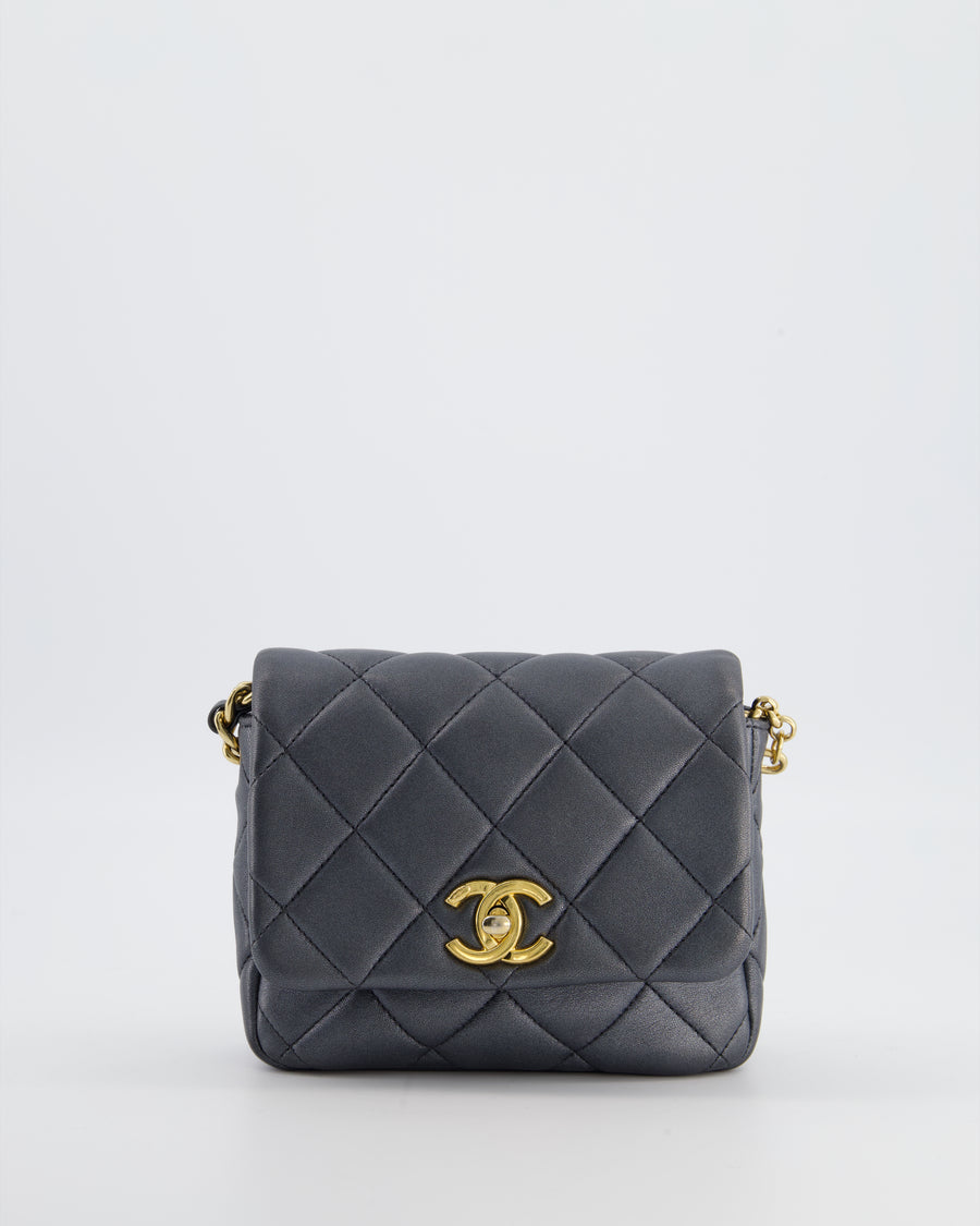 Chanel Dark Metallic Silver Small Flap Bag in Lambskin Leather with Gold Hardware and Chanel Charm Chain