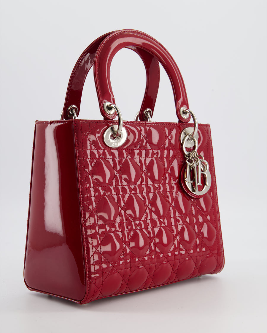 Christian Dior Burgundy Medium Lady Dior Bag in Patent Calfskin Leather with Silver Hardware
