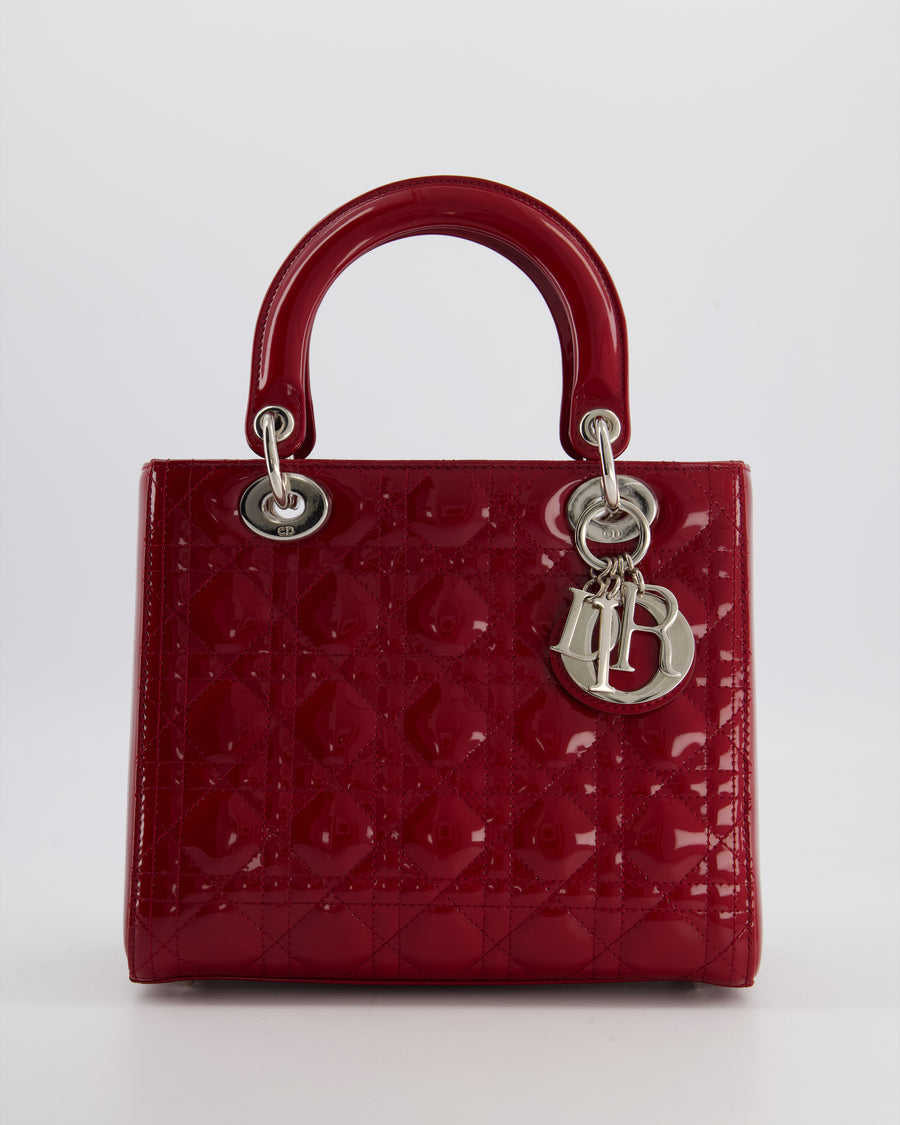 Christian Dior Burgundy Medium Lady Dior Bag in Patent Calfskin Leather with Silver Hardware