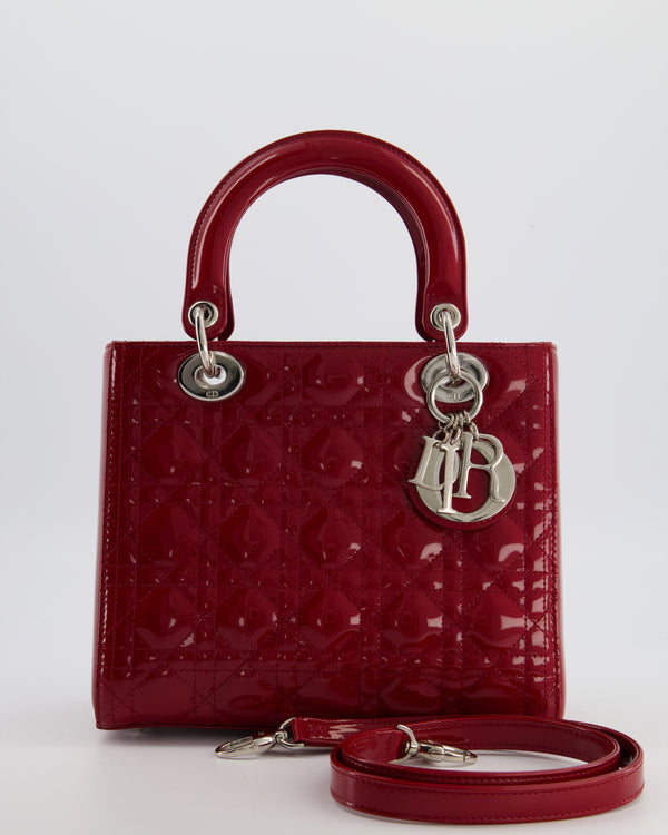 Christian Dior Burgundy Medium Lady Dior Bag in Patent Calfskin Leather with Silver Hardware