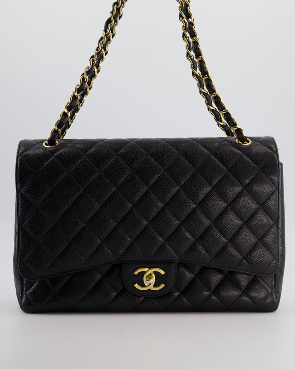 Chanel Black Maxi Classic Double Flap Bag in Caviar Leather with Gold Hardware