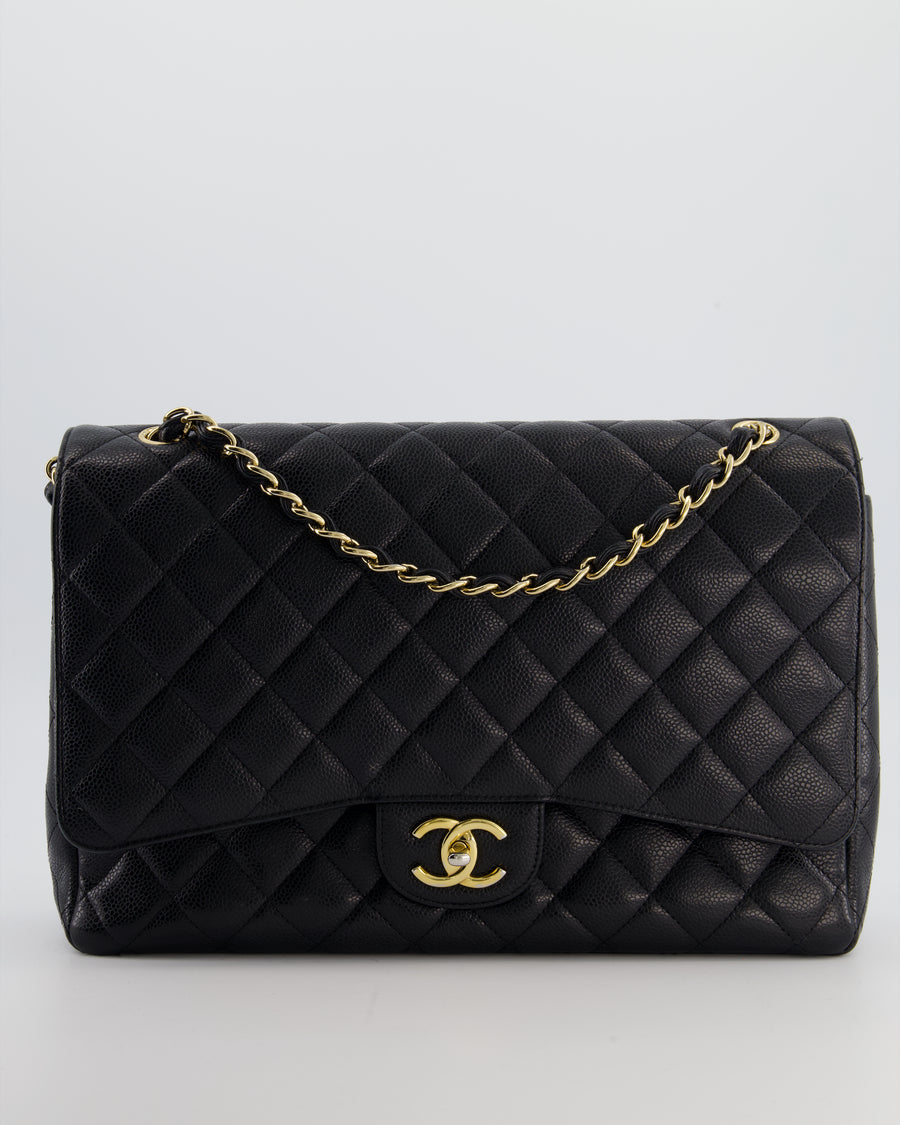 Chanel Black Maxi Classic Double Flap Bag in Caviar Leather with Gold Hardware