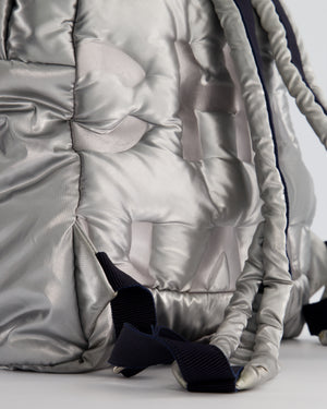 Chanel Silver Doudoune Backpack with Embossed Logo in Silver Nylon with Silver Hardware