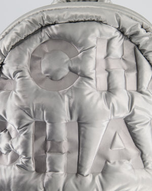 Chanel Silver Doudoune Backpack with Embossed Logo in Silver Nylon with Silver Hardware