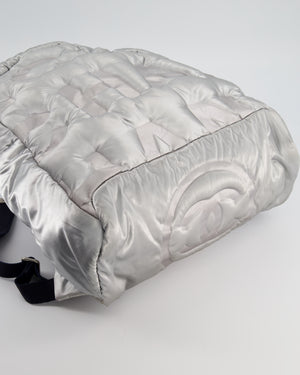 Chanel Silver Doudoune Backpack with Embossed Logo in Silver Nylon with Silver Hardware