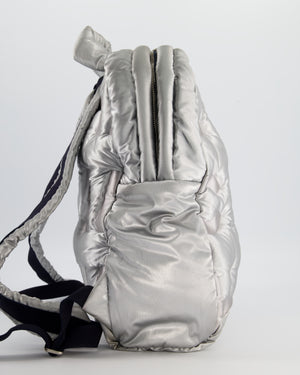 Chanel Silver Doudoune Backpack with Embossed Logo in Silver Nylon with Silver Hardware