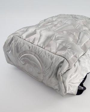 Chanel Silver Doudoune Backpack with Embossed Logo in Silver Nylon with Silver Hardware