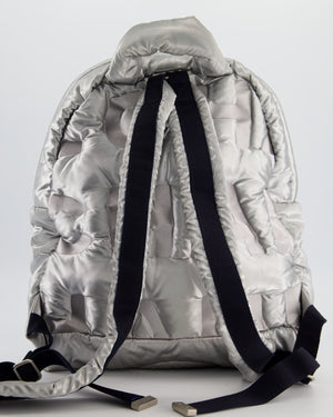 Chanel Silver Doudoune Backpack with Embossed Logo in Silver Nylon with Silver Hardware