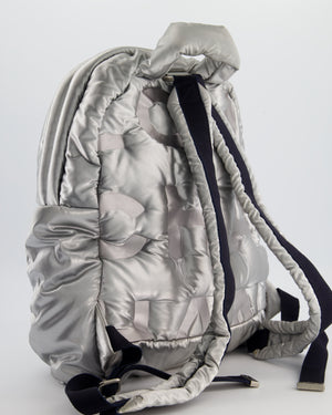 Chanel Silver Doudoune Backpack with Embossed Logo in Silver Nylon with Silver Hardware