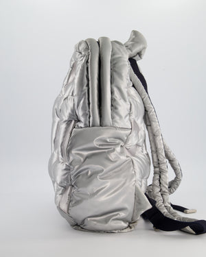 Chanel Silver Doudoune Backpack with Embossed Logo in Silver Nylon with Silver Hardware