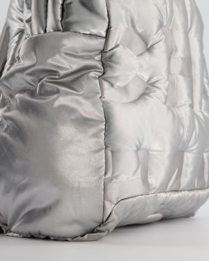 Chanel Silver Doudoune Backpack with Embossed Logo in Silver Nylon with Silver Hardware
