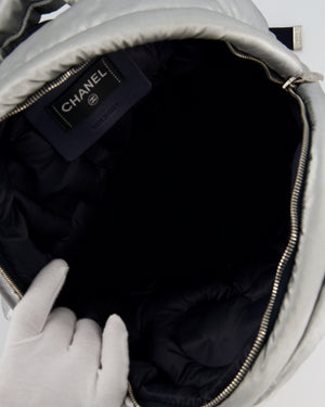 Chanel Silver Doudoune Backpack with Embossed Logo in Silver Nylon with Silver Hardware