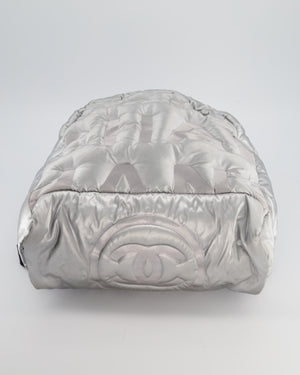 Chanel Silver Doudoune Backpack with Embossed Logo in Silver Nylon with Silver Hardware
