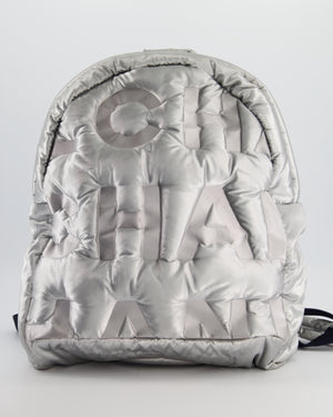 Chanel Silver Doudoune Backpack with Embossed Logo in Silver Nylon with Silver Hardware