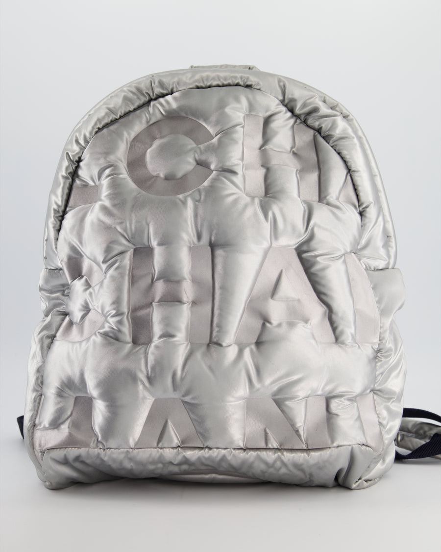 Chanel Silver Doudoune Backpack with Embossed Logo in Silver Nylon with Silver Hardware