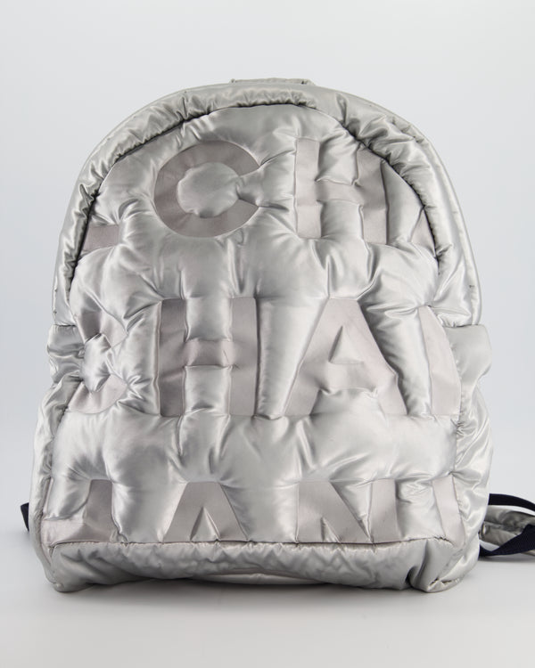 Chanel Silver Doudoune Backpack with Embossed Logo in Silver Nylon with Silver Hardware