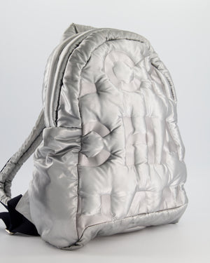 Chanel Silver Doudoune Backpack with Embossed Logo in Silver Nylon with Silver Hardware