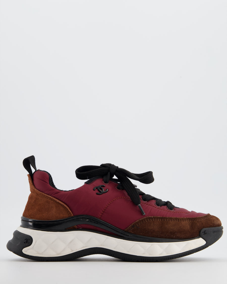 Chanel Trainers in Burgundy Nylon and Brown Suede with Black CC Logo Size EU 37.5