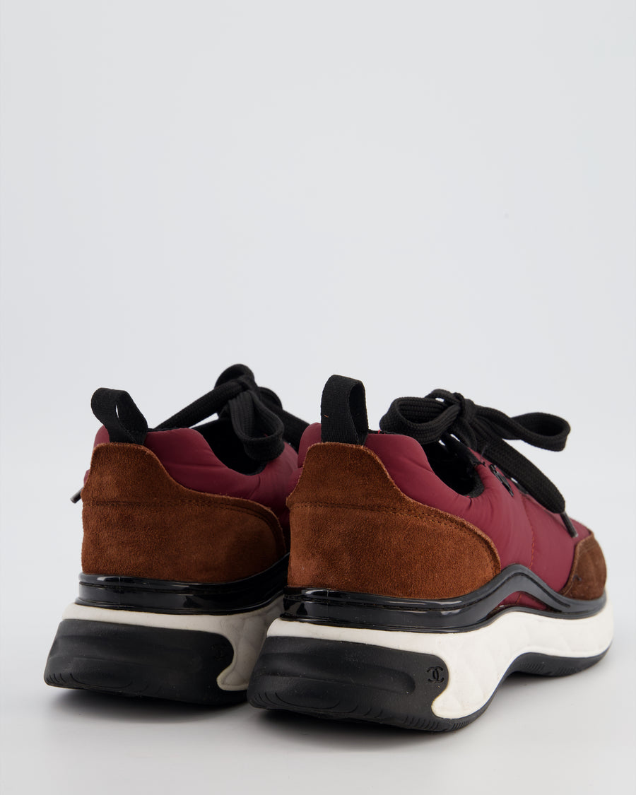 Chanel Trainers in Burgundy Nylon and Brown Suede with Black CC Logo Size EU 37.5