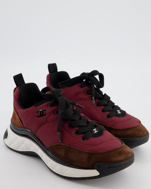 Chanel Trainers in Burgundy Nylon and Brown Suede with Black CC Logo Size EU 37.5
