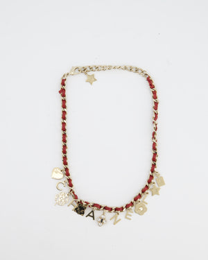 Chanel Necklace with a Red Leather-Woven Chain and Multiple Gold Charms