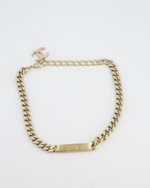 Chanel Gold Curb Link Chain Necklace with Logo Plate and CC Charm
