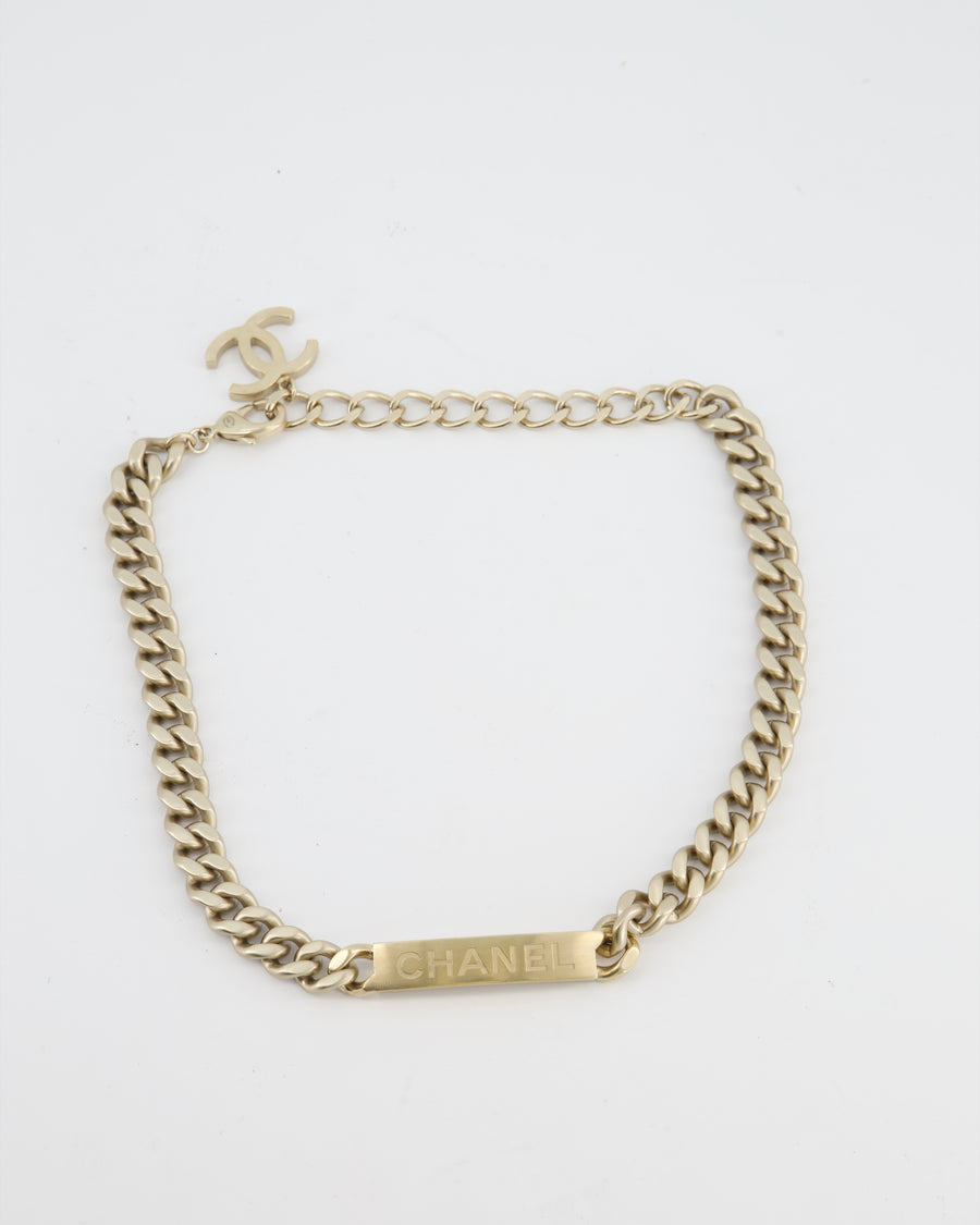 Chanel Gold Curb Link Chain Necklace with Logo Plate and CC Charm