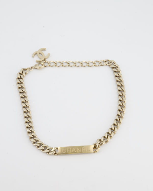 Chanel Gold Curb Link Chain Necklace with Logo Plate and CC Charm