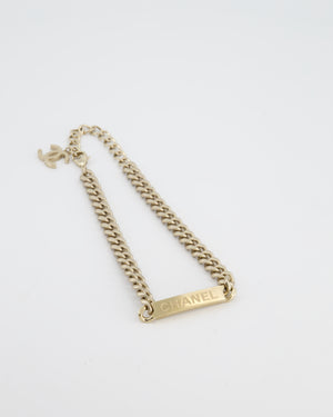 Chanel Gold Curb Link Chain Necklace with Logo Plate and CC Charm
