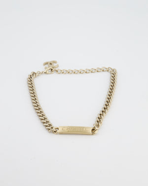 Chanel Gold Curb Link Chain Necklace with Logo Plate and CC Charm