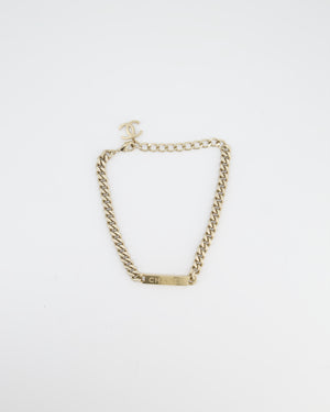 Chanel Gold Curb Link Chain Necklace with Logo Plate and CC Charm