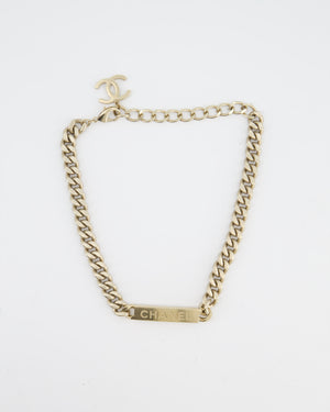 Chanel Gold Curb Link Chain Necklace with Logo Plate and CC Charm