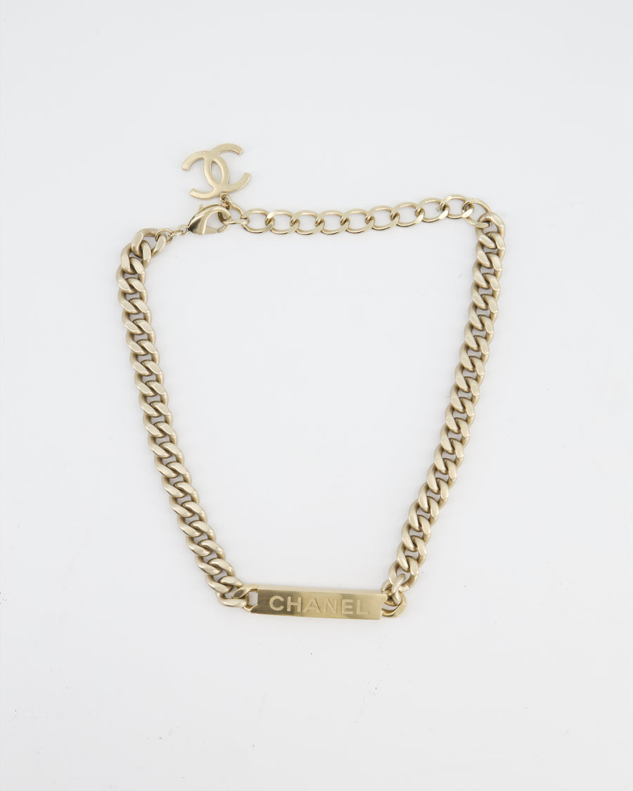 Chanel Gold Curb Link Chain Necklace with Logo Plate and CC Charm