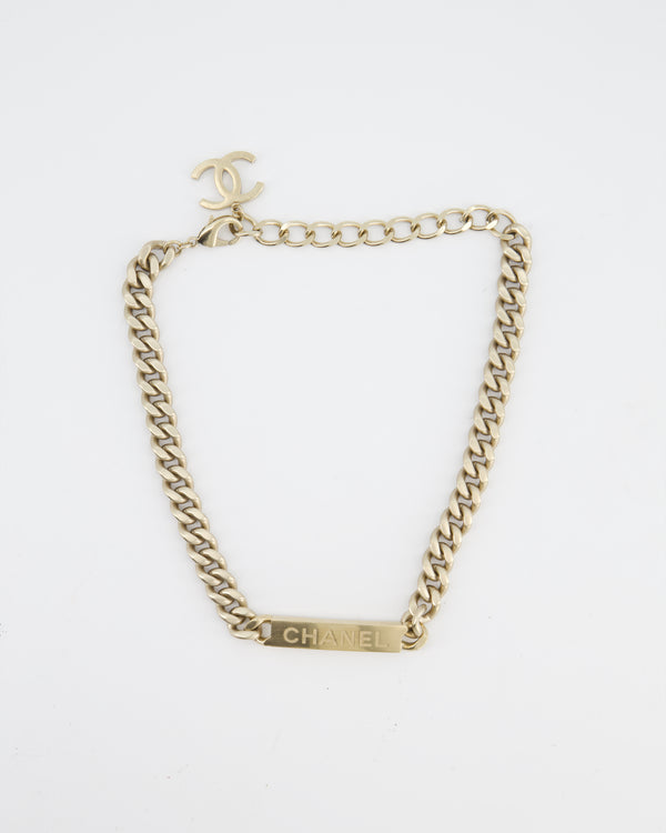 Chanel Gold Curb Link Chain Necklace with Logo Plate and CC Charm