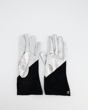 Chanel Silver and Black Leather and Suede Gloves with CC Logo Size 8