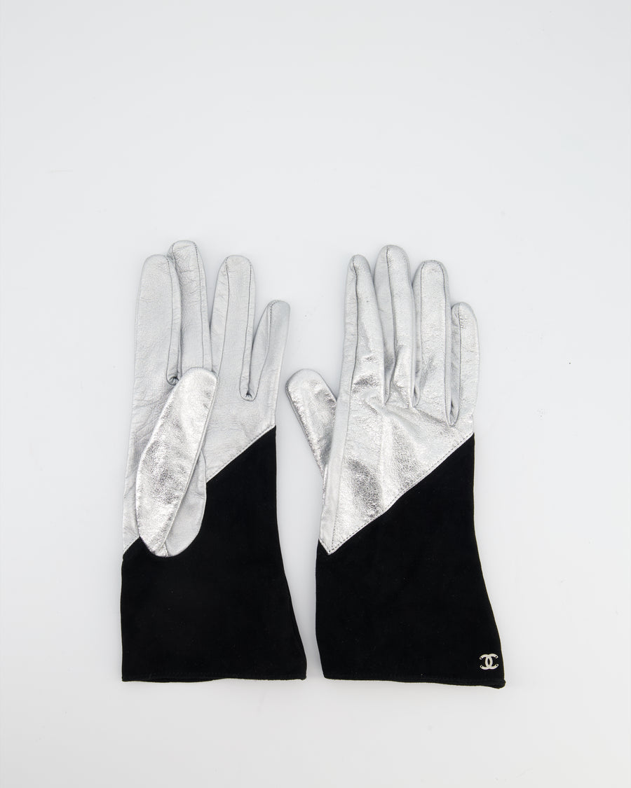 Chanel Silver and Black Leather and Suede Gloves with CC Logo Size 8