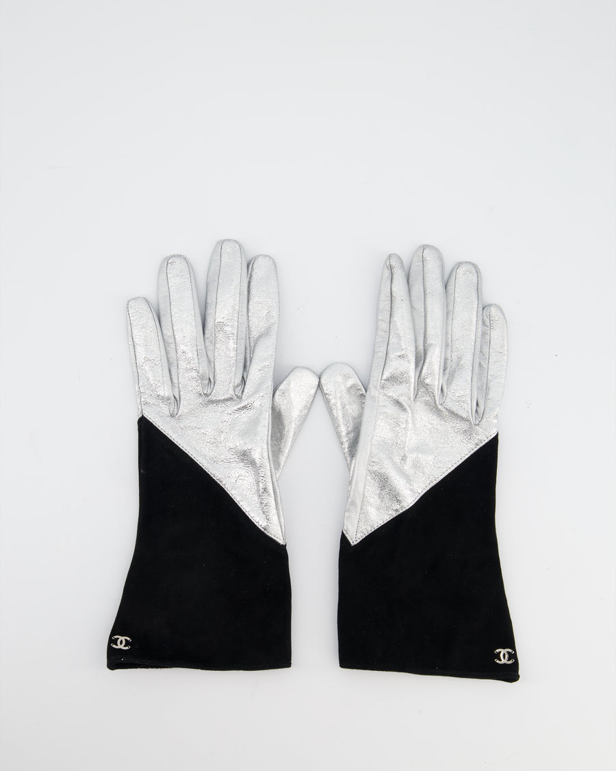 Chanel Silver and Black Leather and Suede Gloves with CC Logo Size 8