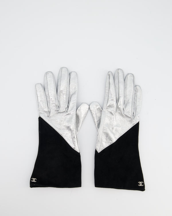 Chanel Silver and Black Leather and Suede Gloves with CC Logo Size 8