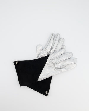 Chanel Silver and Black Leather and Suede Gloves with CC Logo Size 8