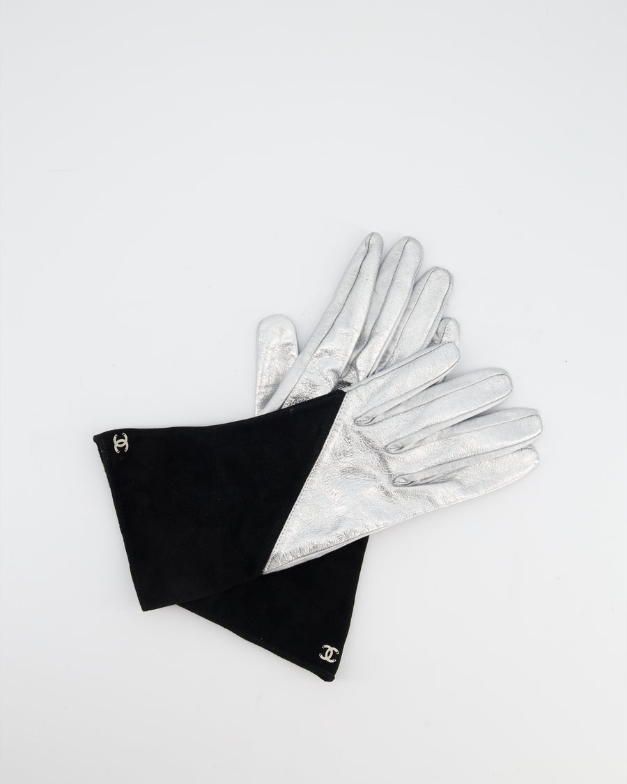 Chanel Silver and Black Leather and Suede Gloves with CC Logo Size 8