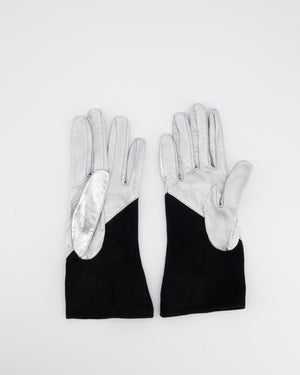 Chanel Silver and Black Leather and Suede Gloves with CC Logo Size 8