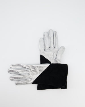 Chanel Silver and Black Leather and Suede Gloves with CC Logo Size 8