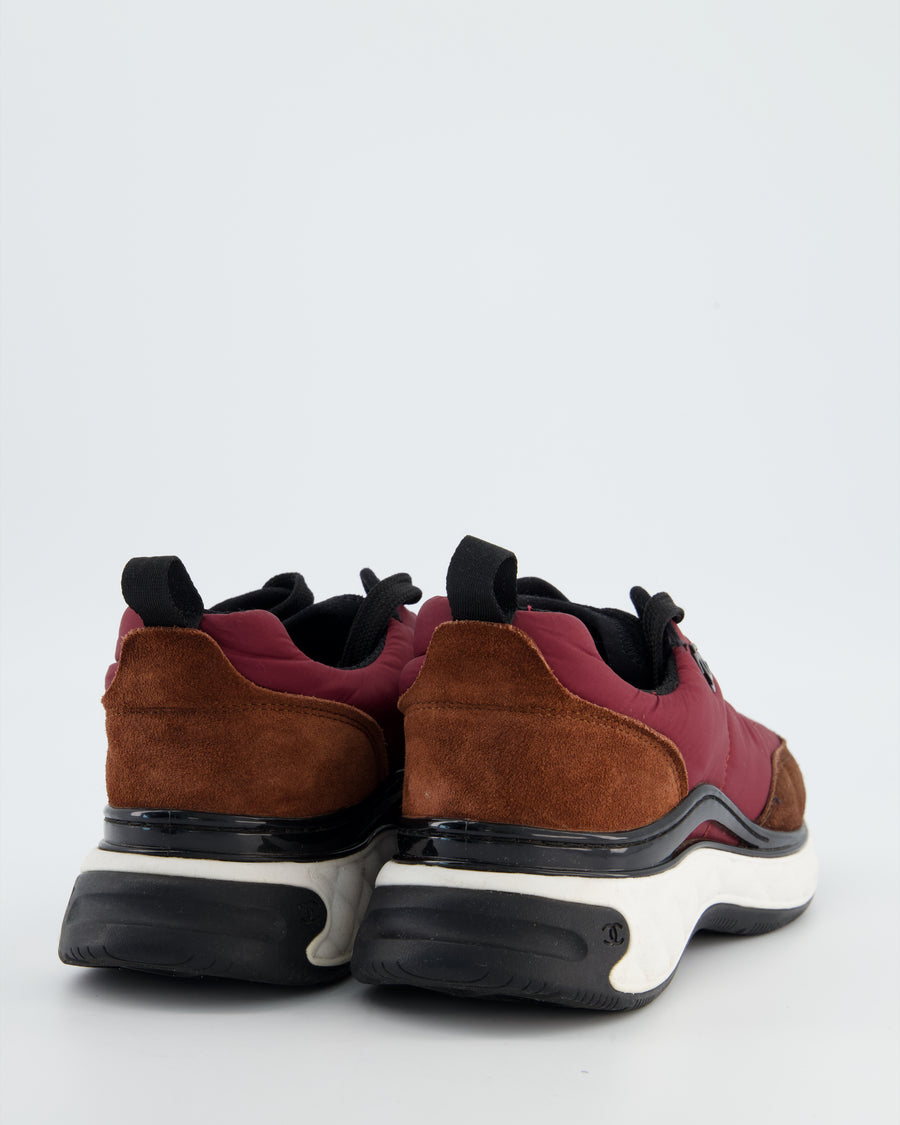 Chanel Trainers in Burgundy Nylon and Brown Suede with Black CC Logo Size EU 37.5
