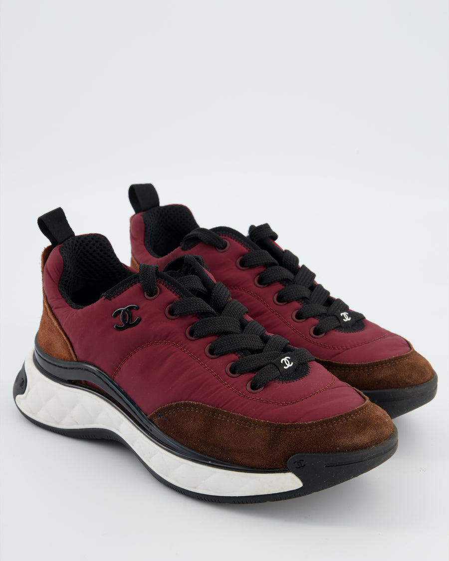 Chanel Trainers in Burgundy Nylon and Brown Suede with Black CC Logo Size EU 37.5