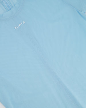 Alaia Light Blue Mesh Short-Sleeved Top with White Logo Detail Size FR 40 (UK 12)