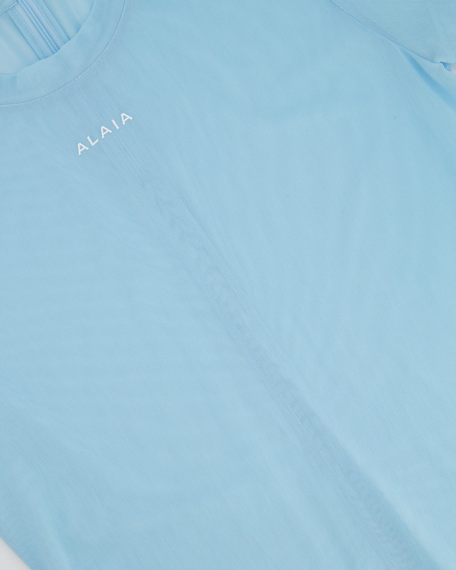 Alaia Light Blue Mesh Short-Sleeved Top with White Logo Detail Size FR 40 (UK 12)