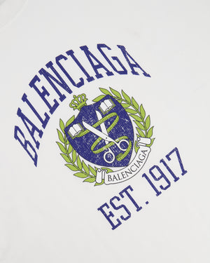 Balenciaga White T-Shirt with Navy Logo and Crest Print Size S (UK 8)