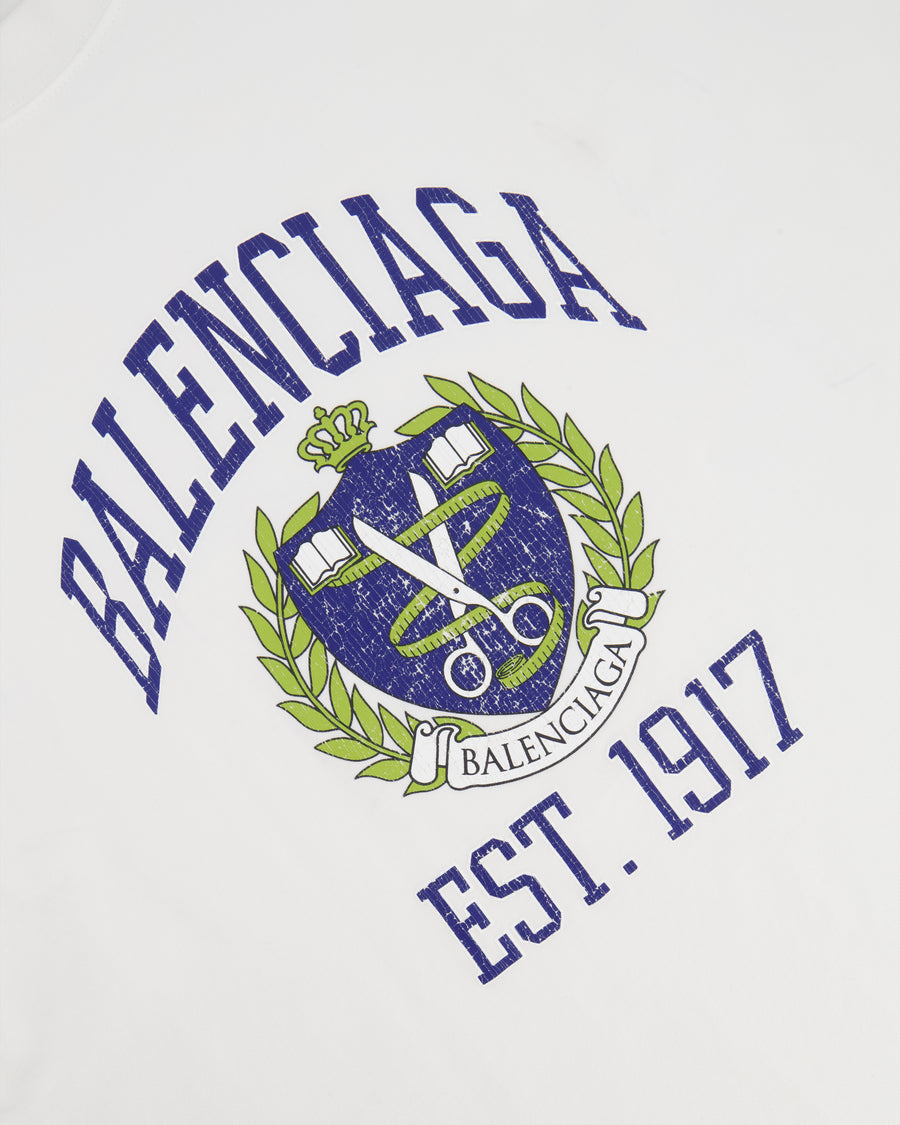 Balenciaga White T-Shirt with Navy Logo and Crest Print Size S (UK 8)