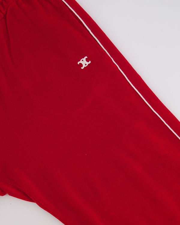 Celine Red Velours Tracksuit Trousers with White Details and Elasticated Waist with Embroidered Logo Detail Size M (UK 10)