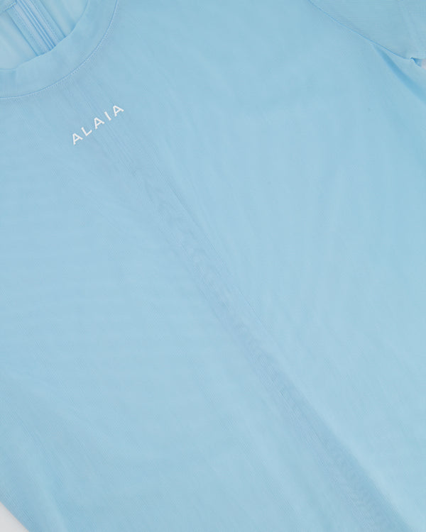 Alaia Light Blue Mesh Short-Sleeved Top with White Logo Detail Size FR 40 (UK 12)